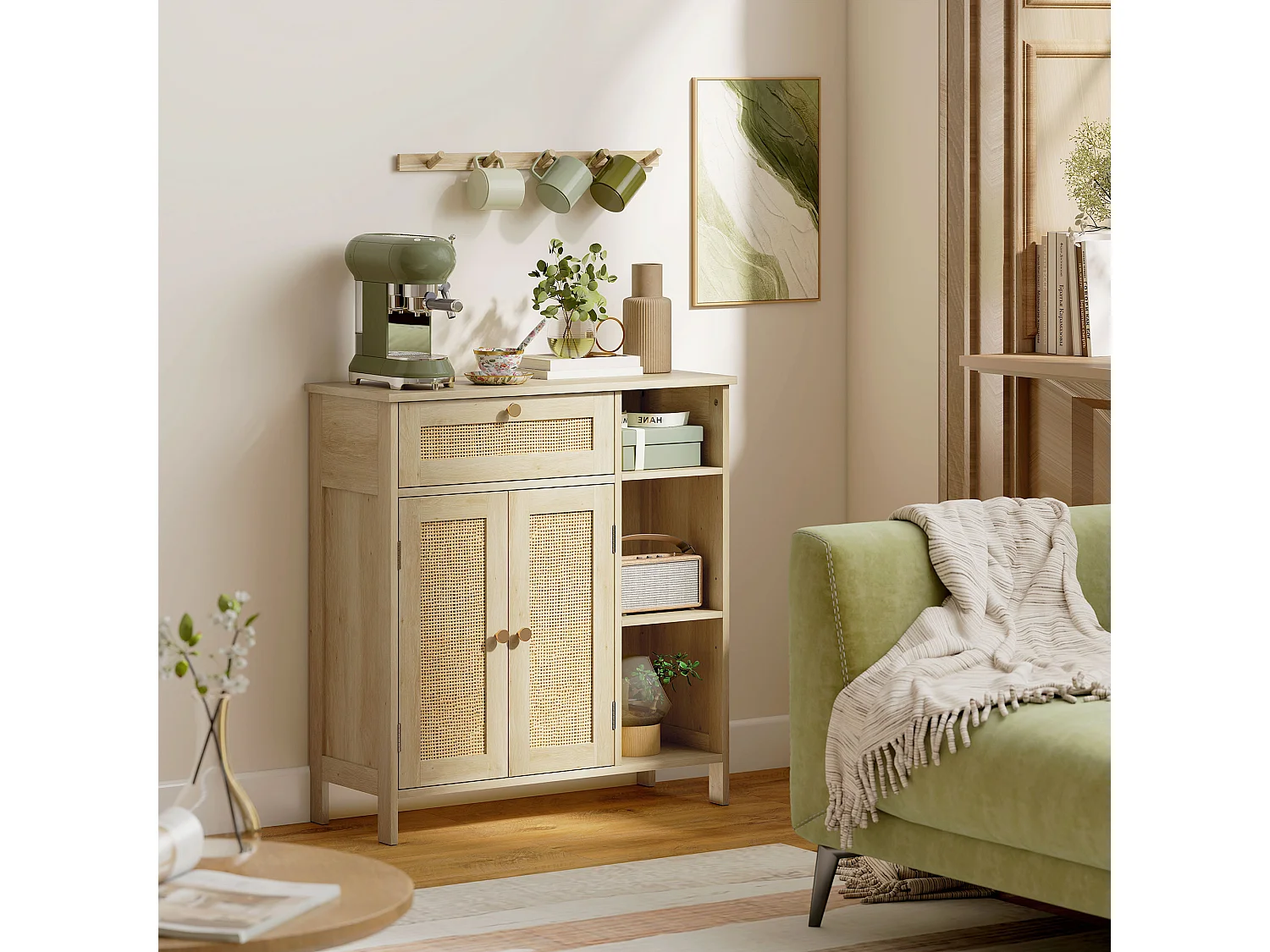 Buffet style bohème naturel - 2 portes, étagère, 3 niches, tiroir - rotin effet bois clair