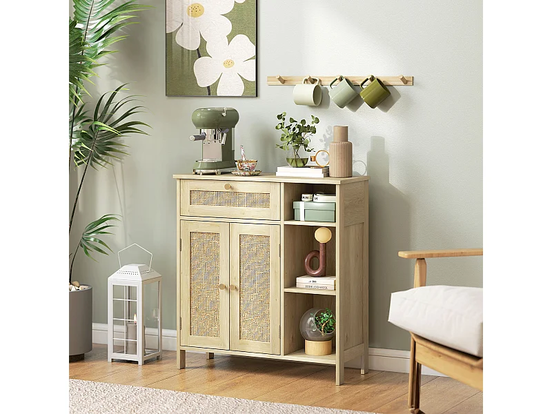 Buffet style bohème naturel - 2 portes, étagère, 3 niches, tiroir - rotin effet bois clair