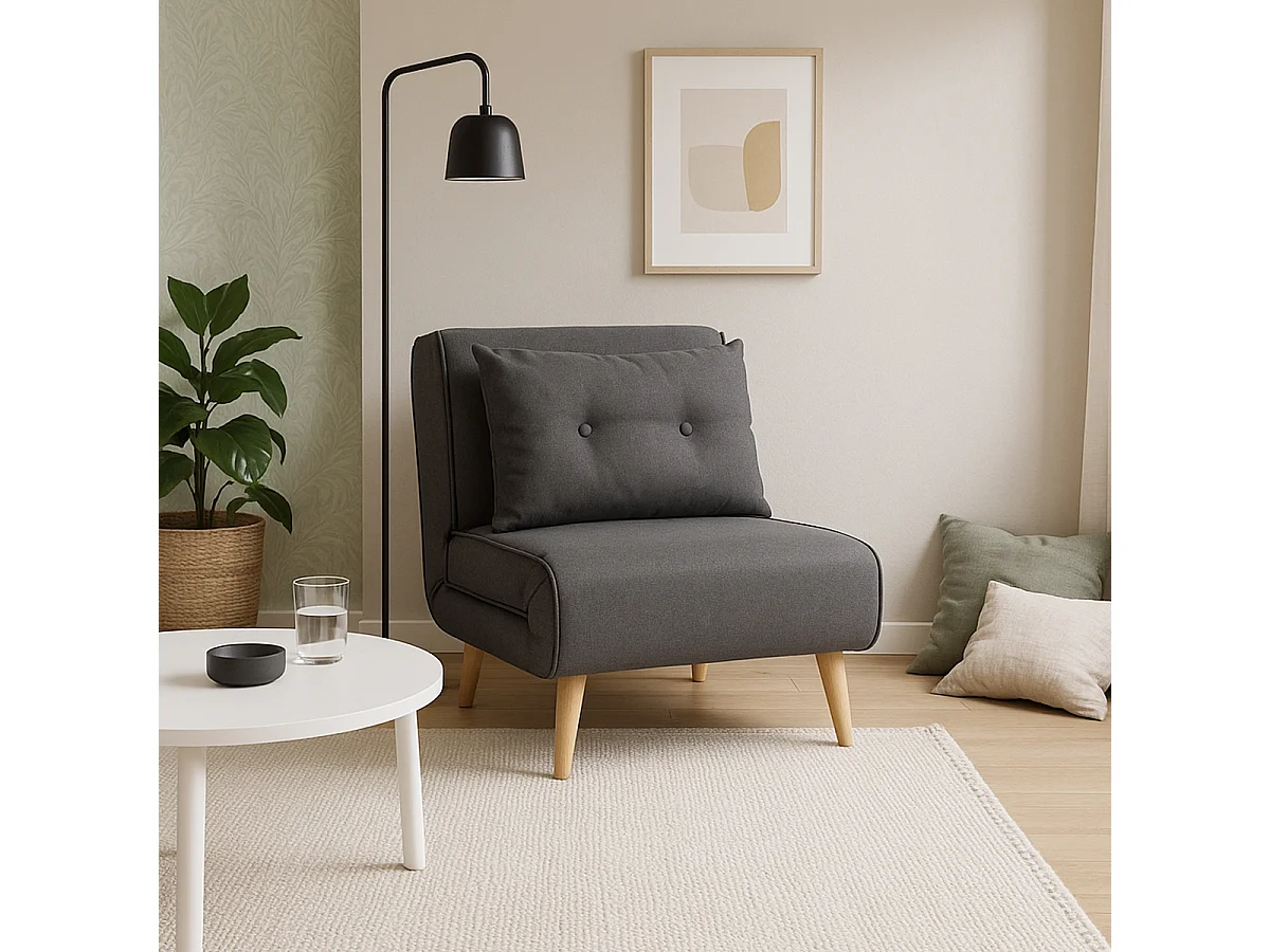 Poltrona letto pieghevole tessuto piedini in legno Miriam - Grigio Scuro