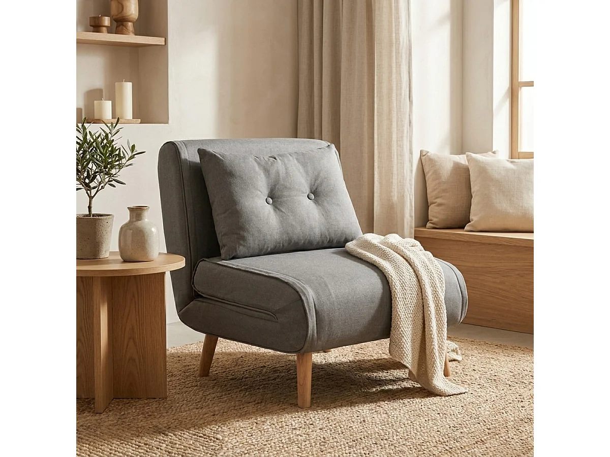 Fauteuil-lit pliant en tissu avec pieds en bois Miriam - Gris foncé