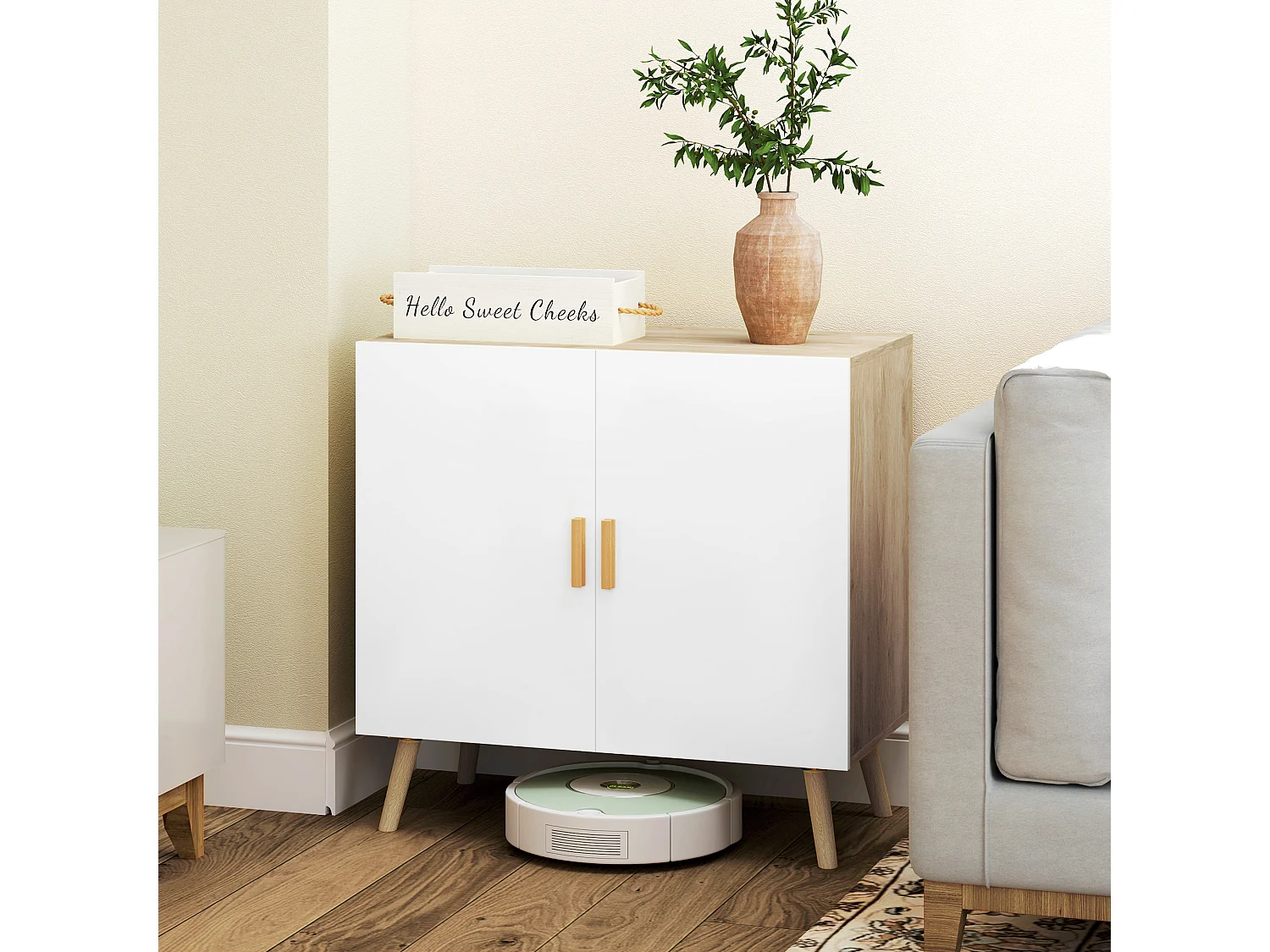 Buffet 2 portes étagère design scandinave - blanc effet chêne clair