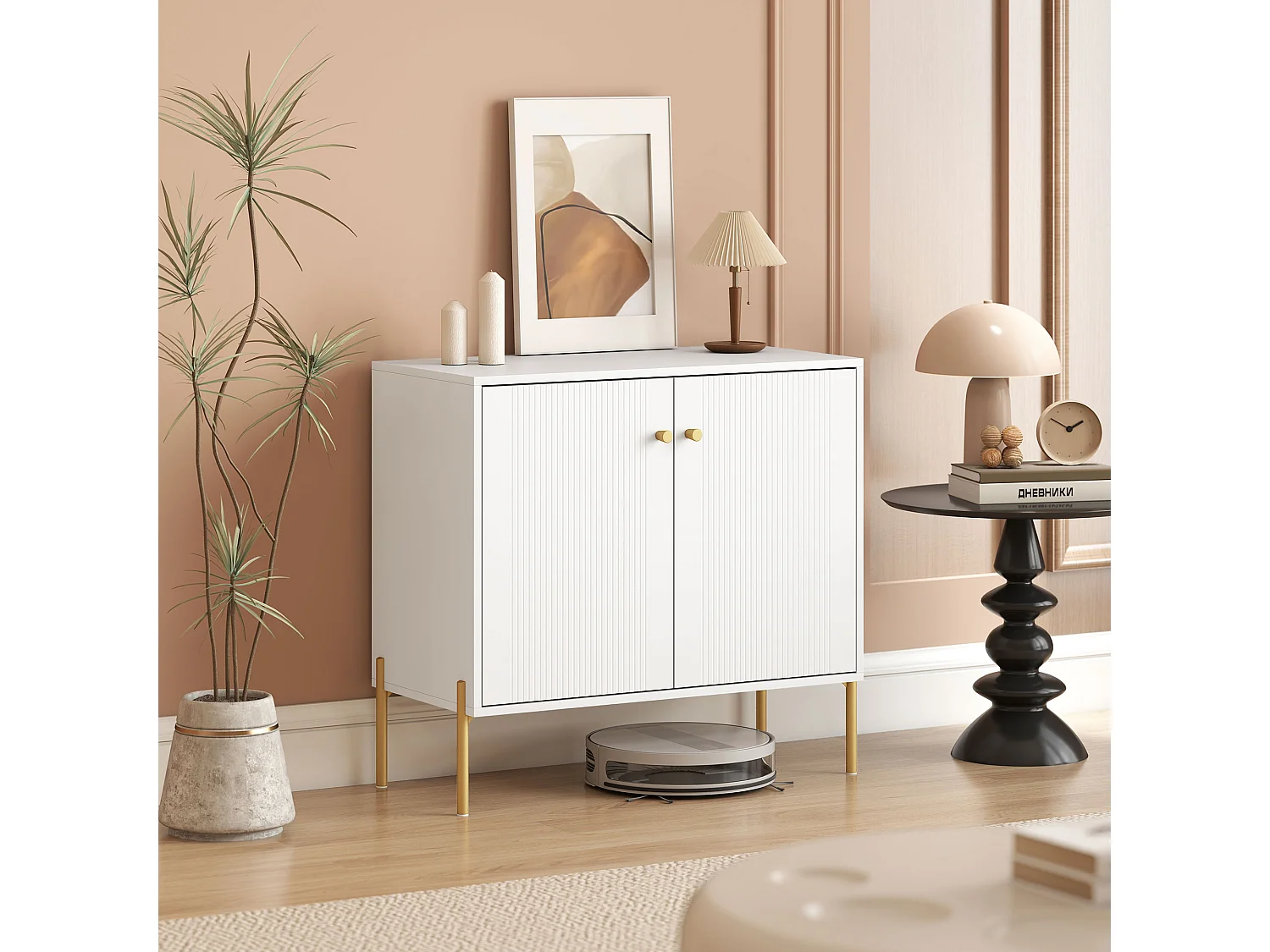 Buffet design - 2 portes, étagère - piètement poignées métal doré façade rainurée blanc
