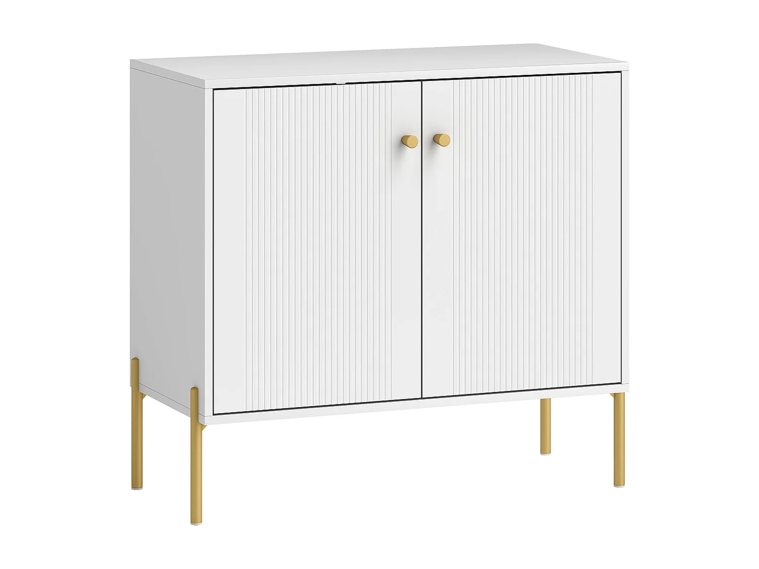 Buffet design - 2 portes, étagère - piètement poignées métal doré façade rainurée blanc