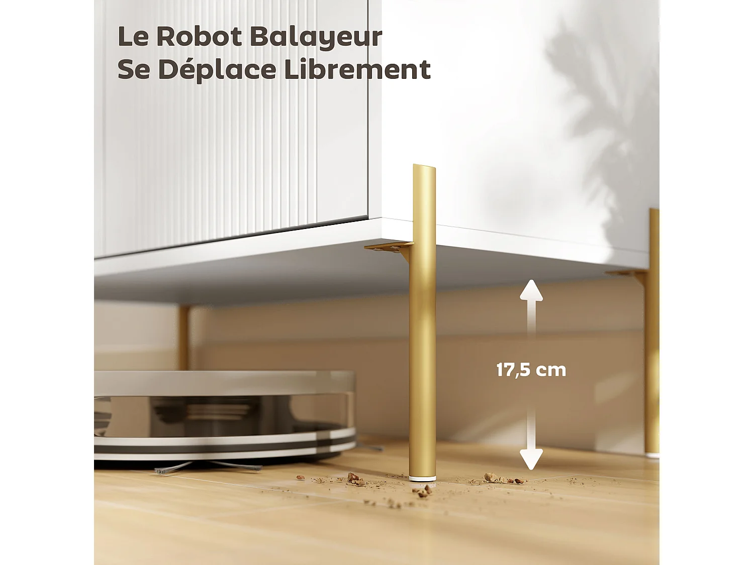 Buffet design - 2 portes, étagère - piètement poignées métal doré façade rainurée blanc