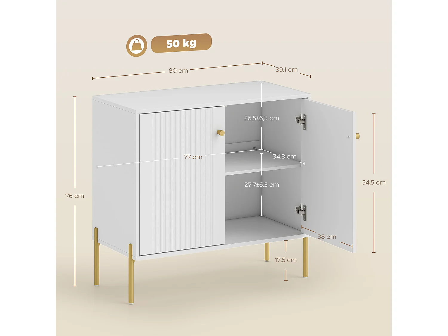 Buffet design - 2 portes, étagère - piètement poignées métal doré façade rainurée blanc