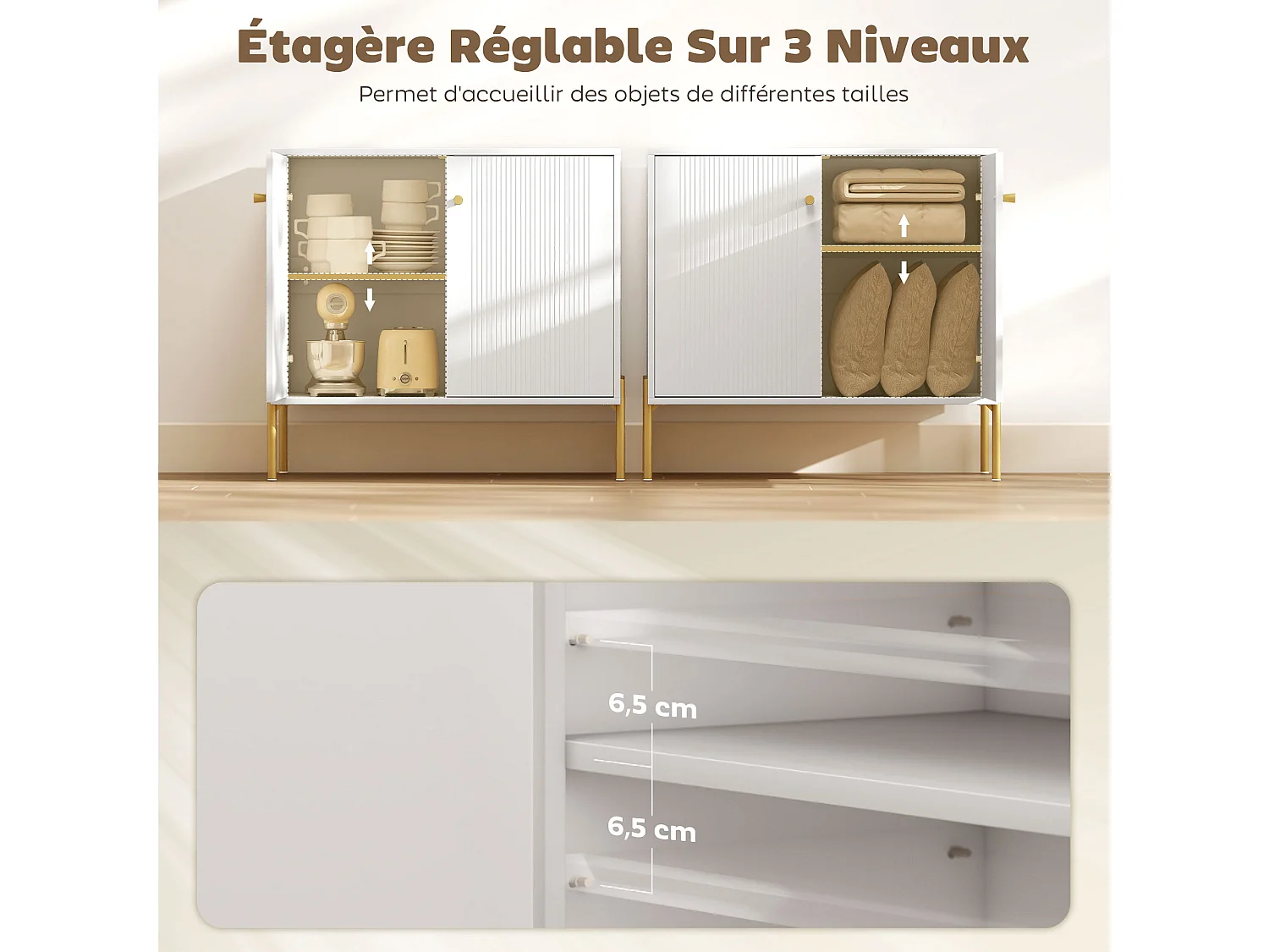 Buffet design - 2 portes, étagère - piètement poignées métal doré façade rainurée blanc