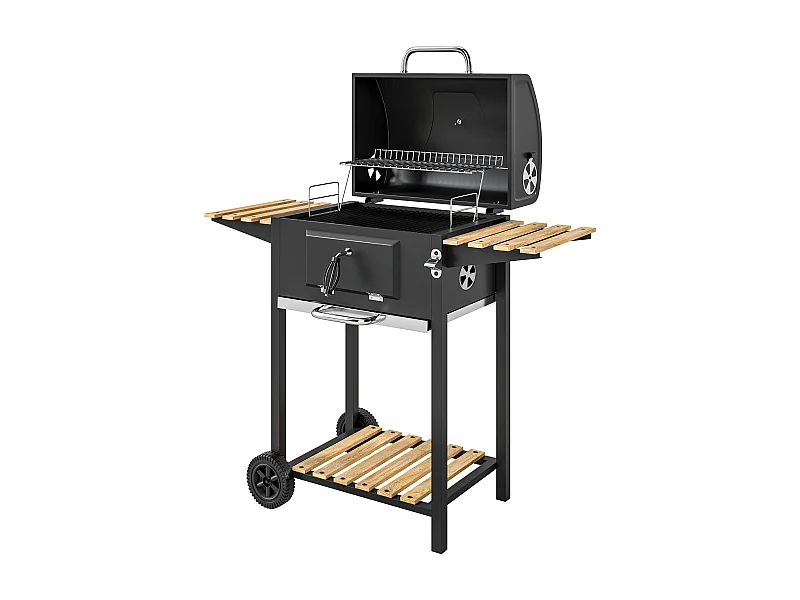Barbecue charbon de bois avec couvercle 2 roues - hauteur grille réglable, thermomètre, 3 étagères - acier noir bois