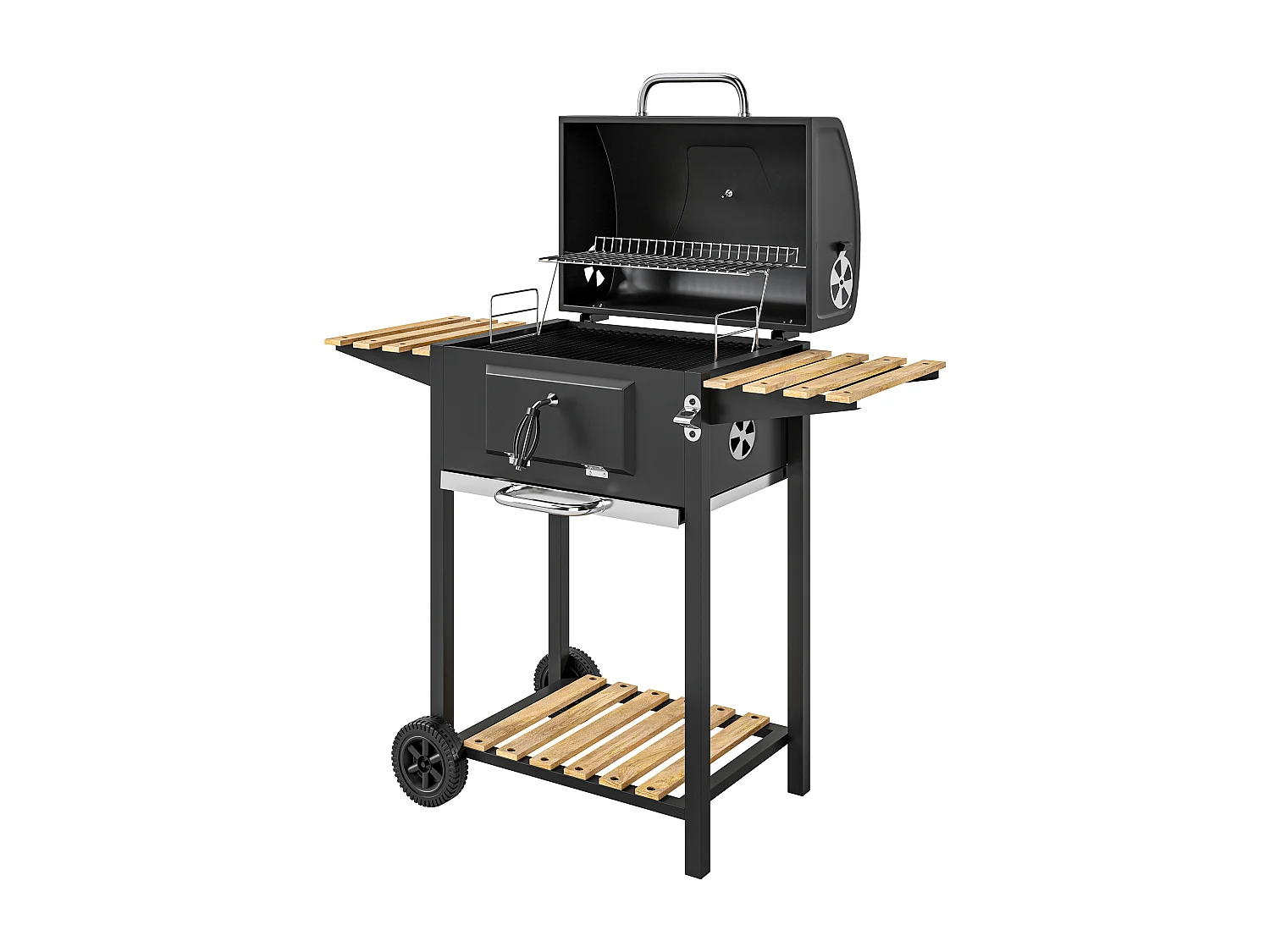 Barbecue charbon de bois avec couvercle 2 roues - hauteur grille réglable, thermomètre, 3 étagères - acier noir bois