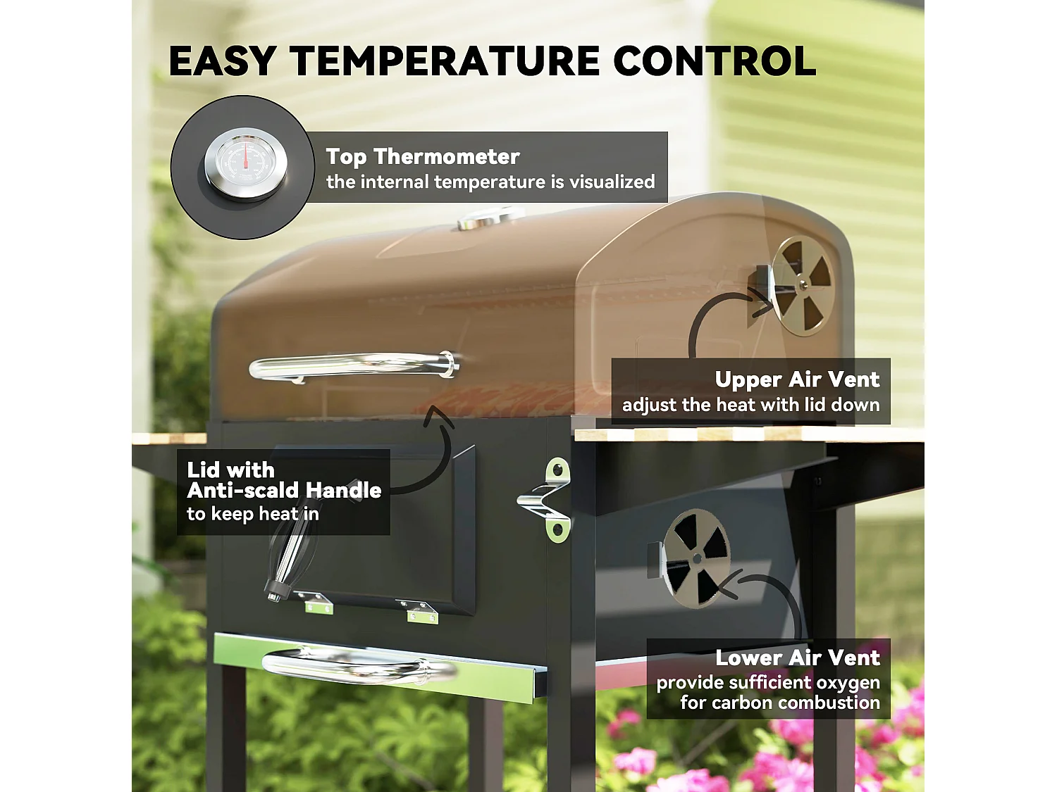 Barbecue charbon de bois avec couvercle 2 roues - hauteur grille réglable, thermomètre, 3 étagères - acier noir bois