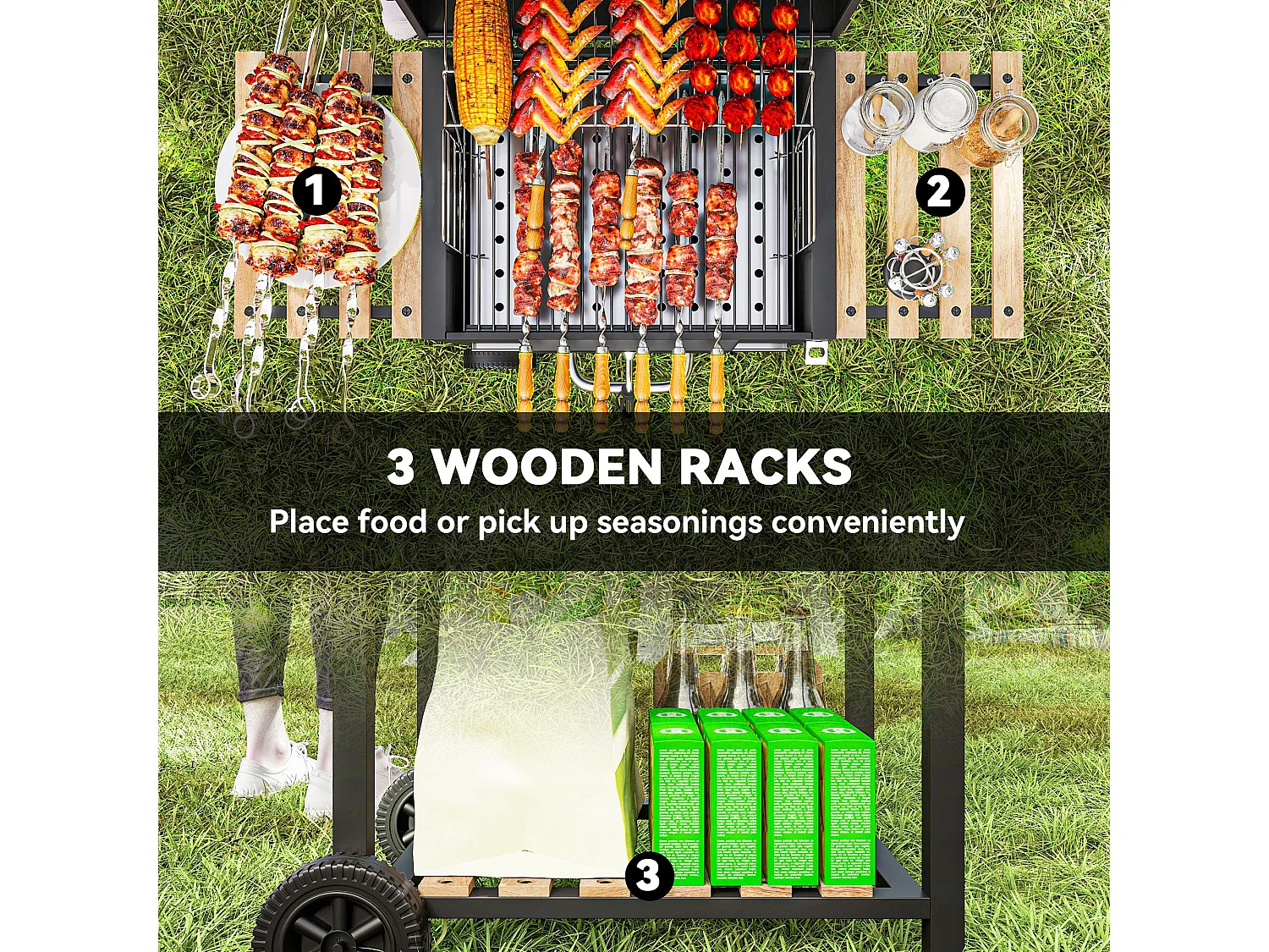 Barbecue charbon de bois avec couvercle 2 roues - hauteur grille réglable, thermomètre, 3 étagères - acier noir bois