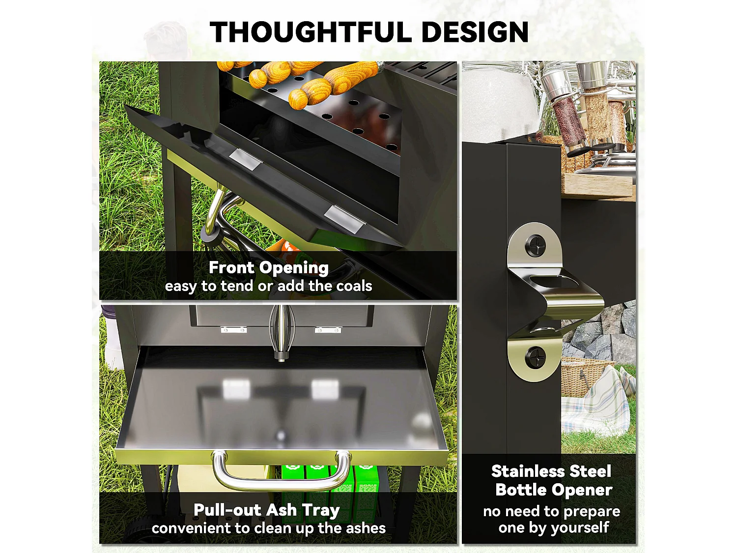 Barbecue charbon de bois avec couvercle 2 roues - hauteur grille réglable, thermomètre, 3 étagères - acier noir bois