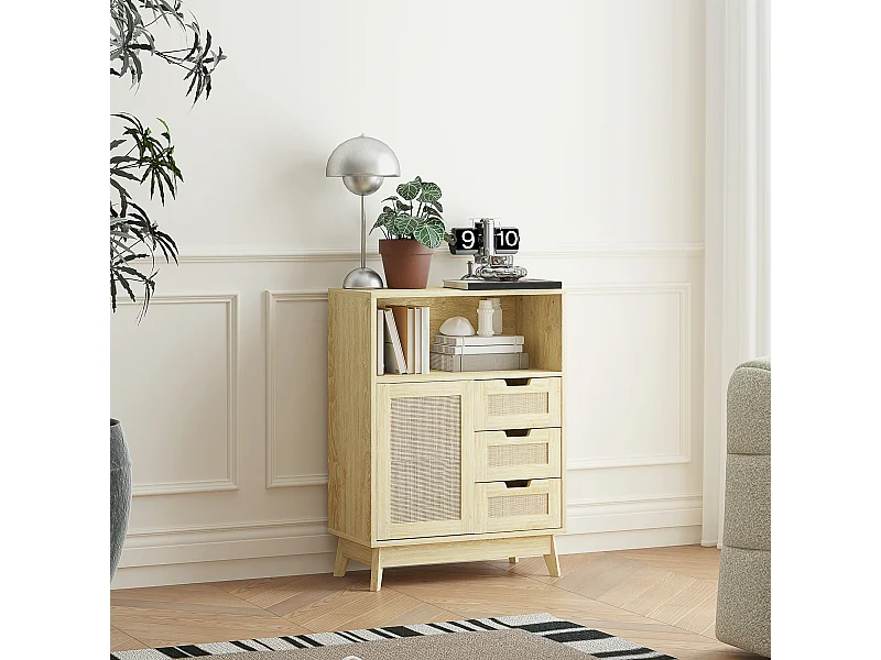 Buffet cannage effet bois style bohème chic - 3 tiroirs, porte, étagère, grande niche