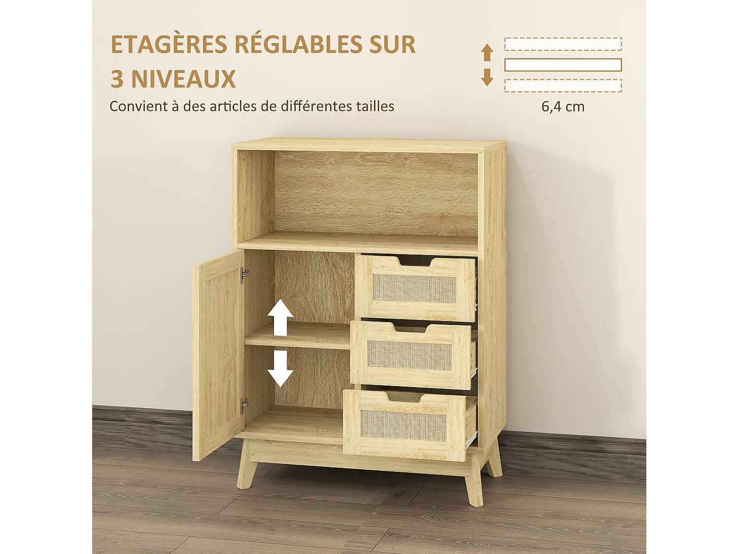 Buffet cannage effet bois style bohème chic - 3 tiroirs, porte, étagère, grande niche