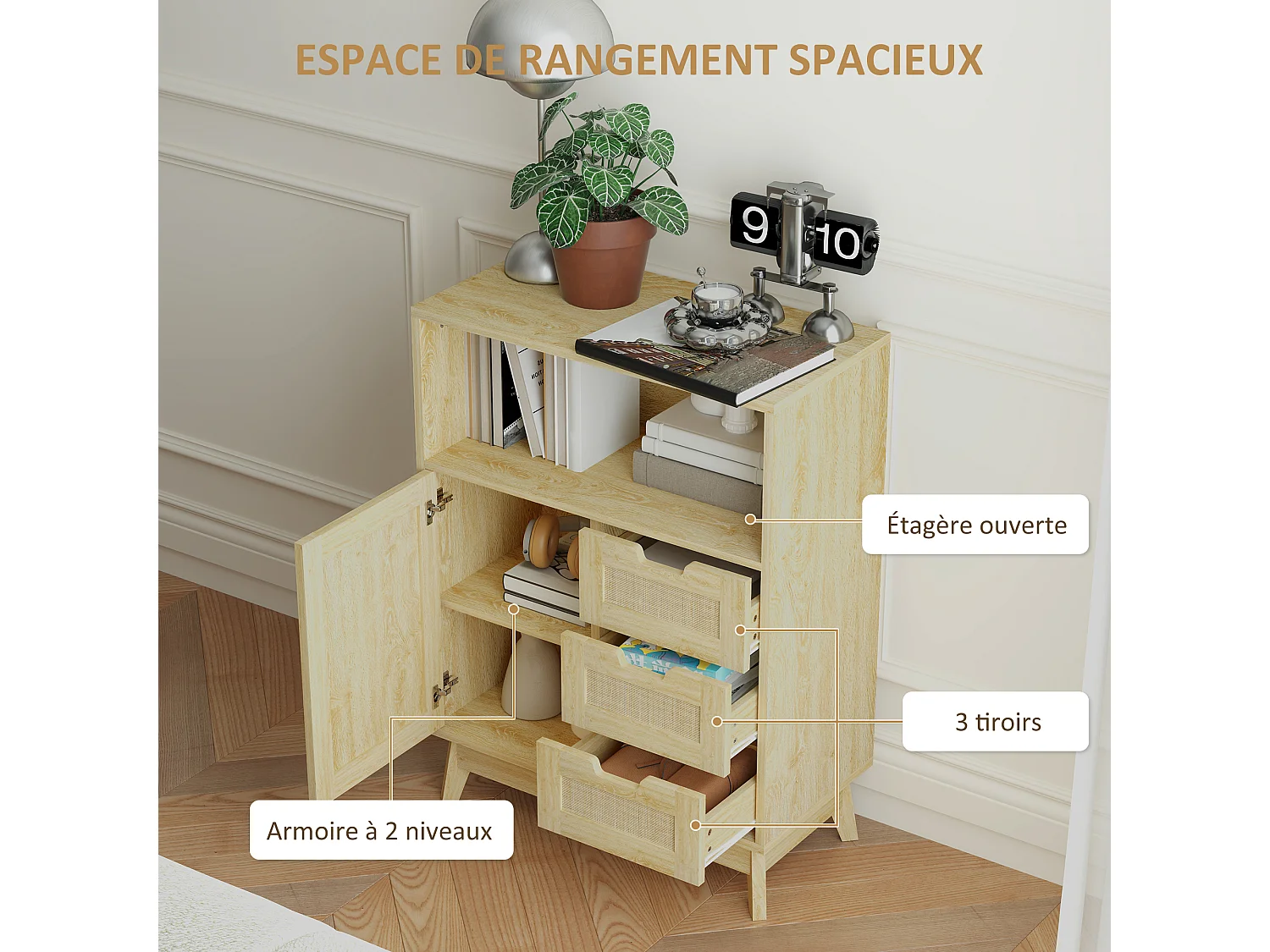 Buffet cannage effet bois style bohème chic - 3 tiroirs, porte, étagère, grande niche