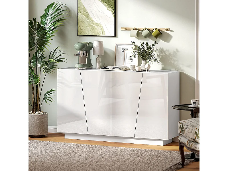 Buffet design façade blanc laqué 4 portes 2 étagères dim. 150 x 40 x 88 cm blanc