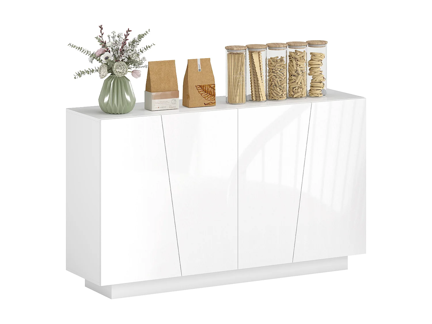 Buffet design façade blanc laqué 4 portes 2 étagères dim. 150 x 40 x 88 cm blanc