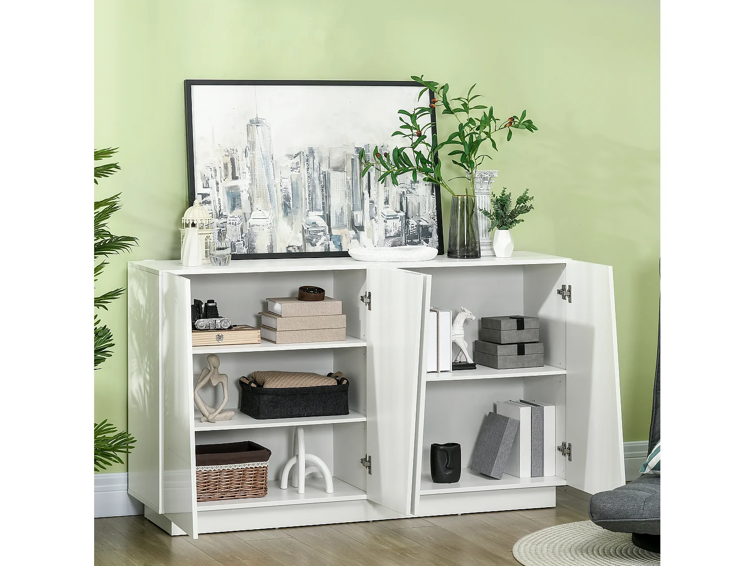 Buffet design façade blanc laqué 4 portes 2 étagères dim. 150 x 40 x 88 cm blanc