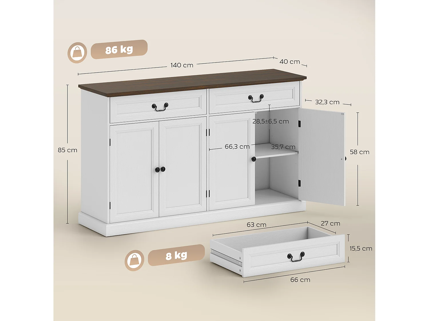 Buffet style classique chic - 4 portes, 2 étagères, 2 tiroirs - 140 x 40 x 85 cm - effet bois noyer blanc