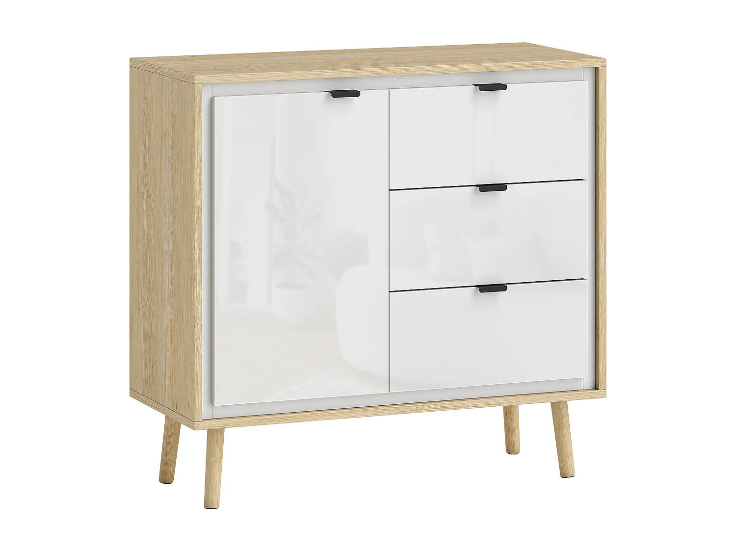 Buffet design nordique porte 3 tiroirs façade blanc laqué effet bois clair