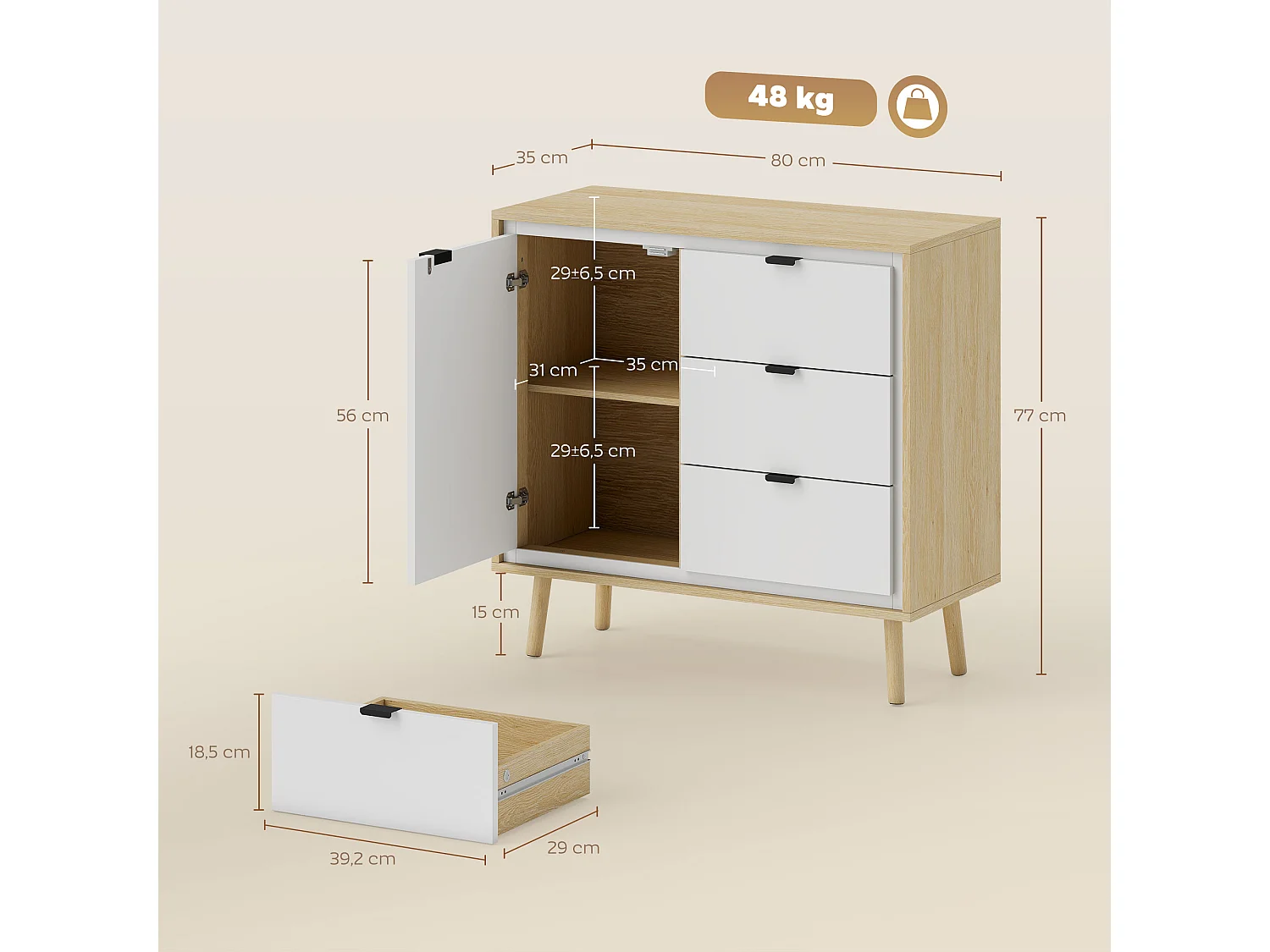 Buffet design nordique porte 3 tiroirs façade blanc laqué effet bois clair