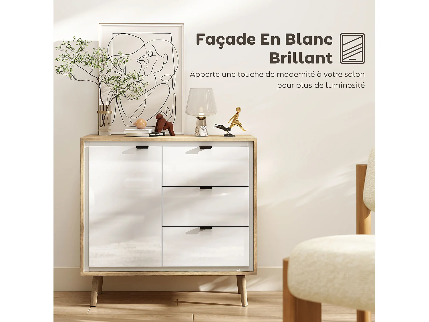 Buffet design nordique porte 3 tiroirs façade blanc laqué effet bois clair