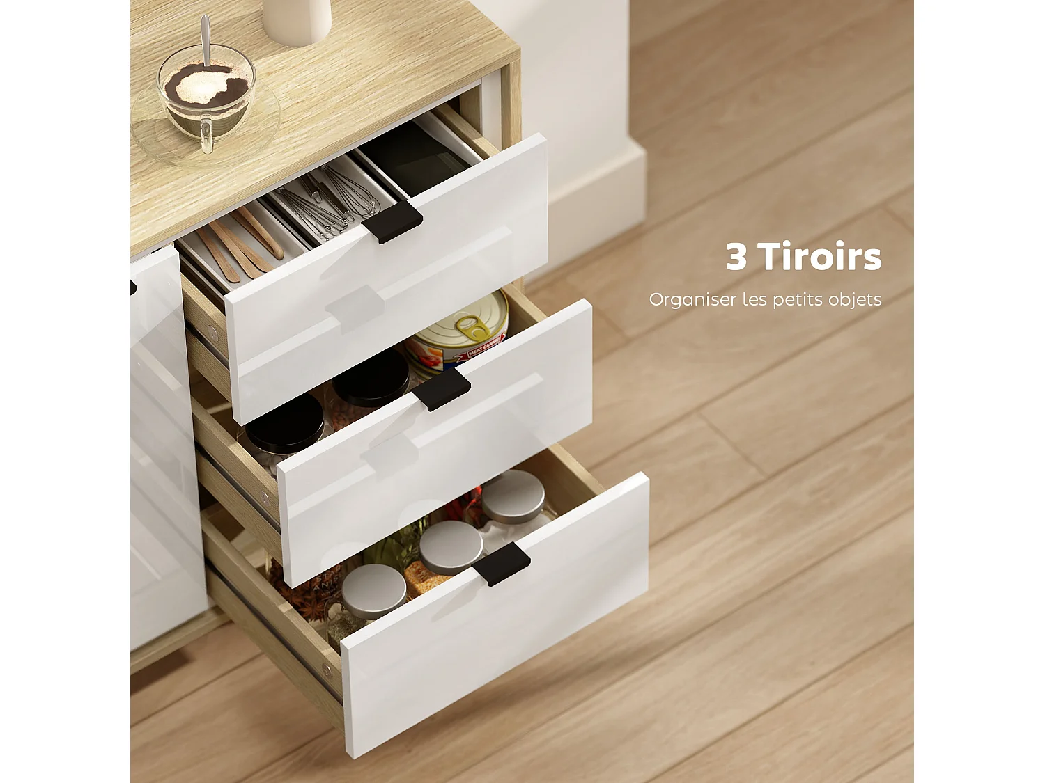 Buffet design nordique porte 3 tiroirs façade blanc laqué effet bois clair