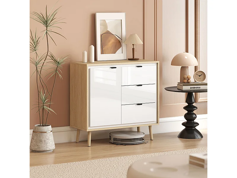 Buffet design nordique porte 3 tiroirs façade blanc laqué effet bois clair