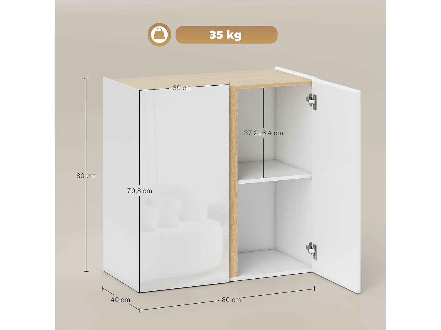 Buffet blanc laqué, meuble de rangement avec 2 portes et étagère réglable, 80 x 40 x 80 cm, blanc