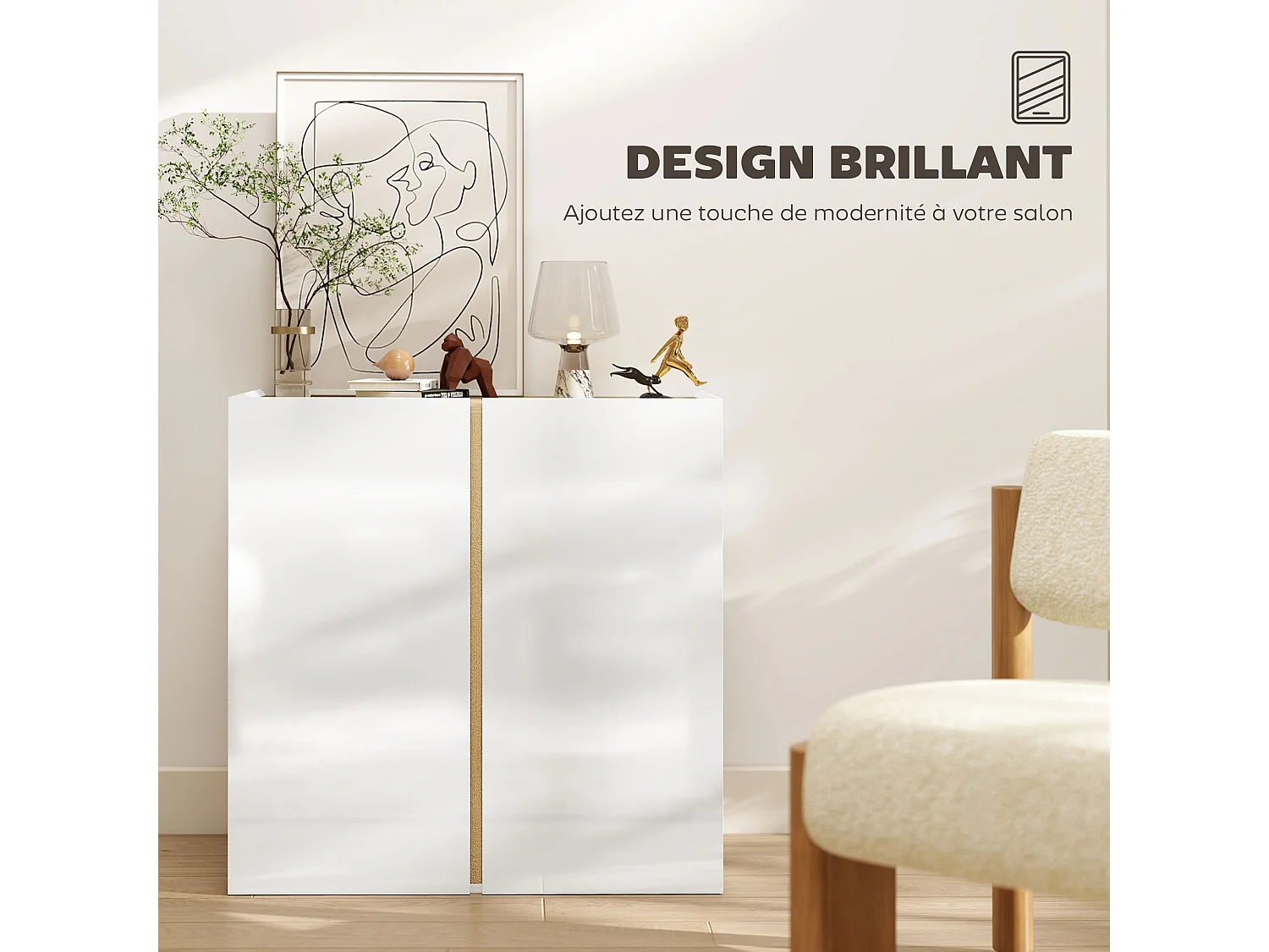 Buffet blanc laqué, meuble de rangement avec 2 portes et étagère réglable, 80 x 40 x 80 cm, blanc