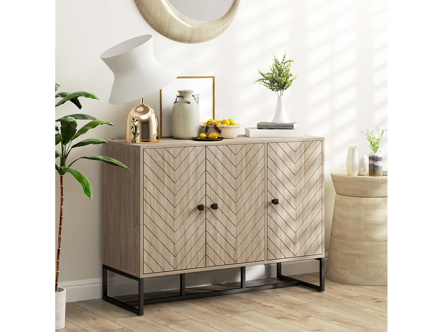 Buffet design motif à chevrons 3 portes 2 étagères dim. 108x40x80cm acier noir effet chêne clair