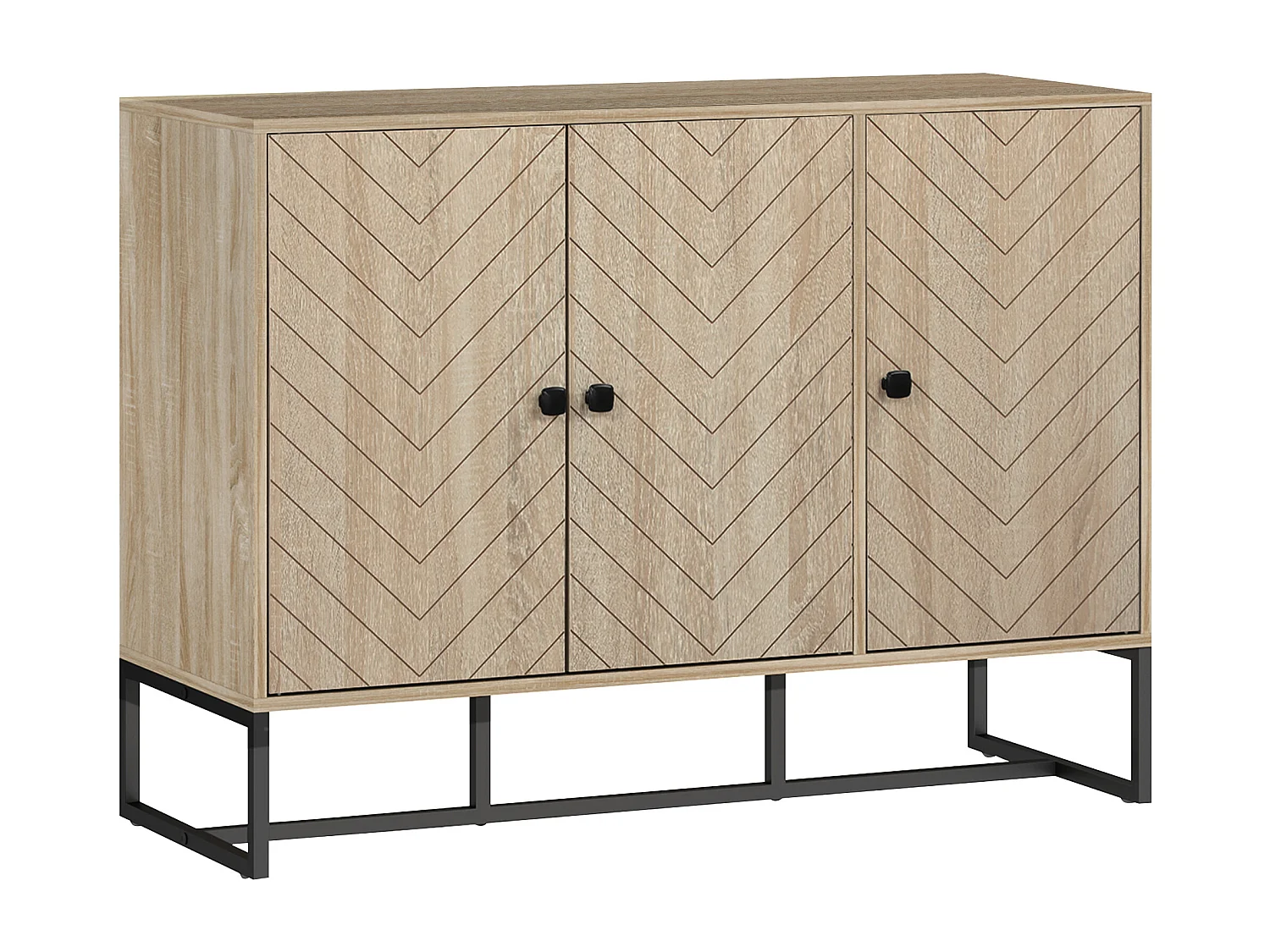 Buffet design motif à chevrons 3 portes 2 étagères dim. 108x40x80cm acier noir effet chêne clair