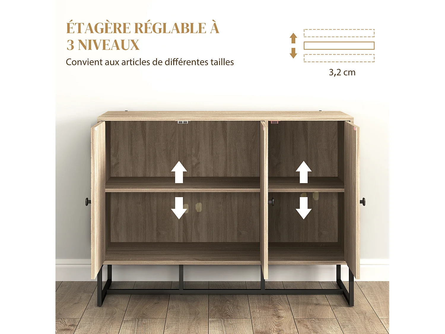 Buffet design motif à chevrons 3 portes 2 étagères dim. 108x40x80cm acier noir effet chêne clair