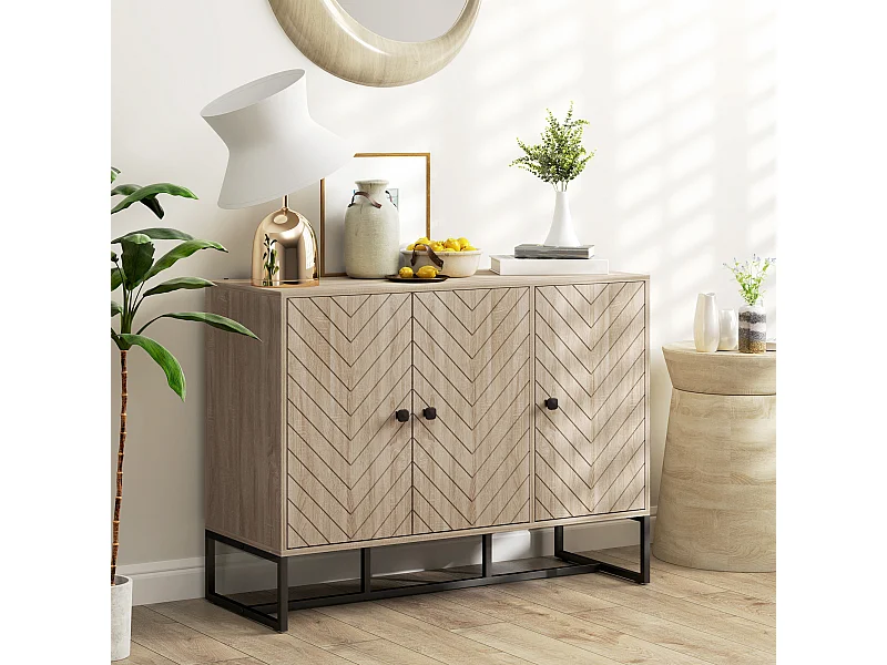 Buffet design motif à chevrons 3 portes 2 étagères dim. 108x40x80cm acier noir effet chêne clair
