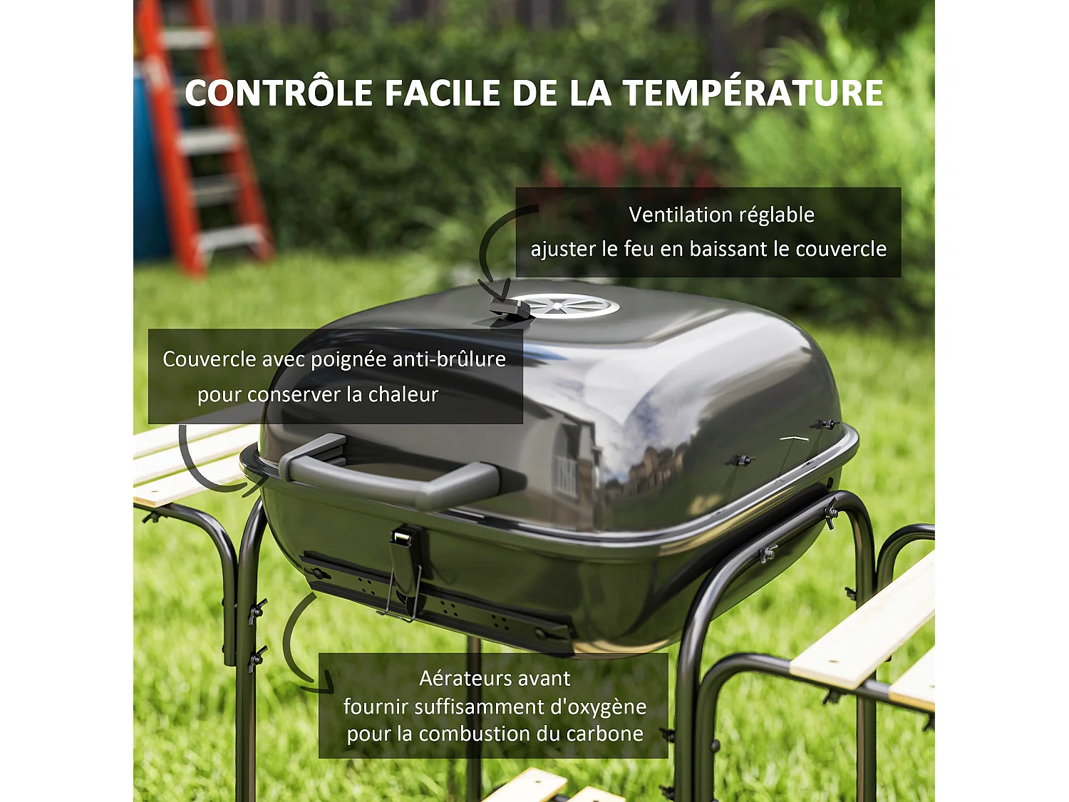 Barbecue charbon de bois avec couvercle 2 roues 3 étagères grilles acier chromée