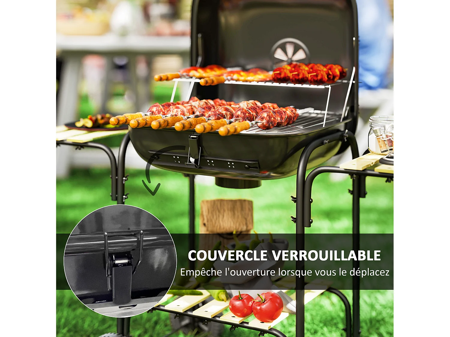Barbecue charbon de bois avec couvercle 2 roues 3 étagères grilles acier chromée