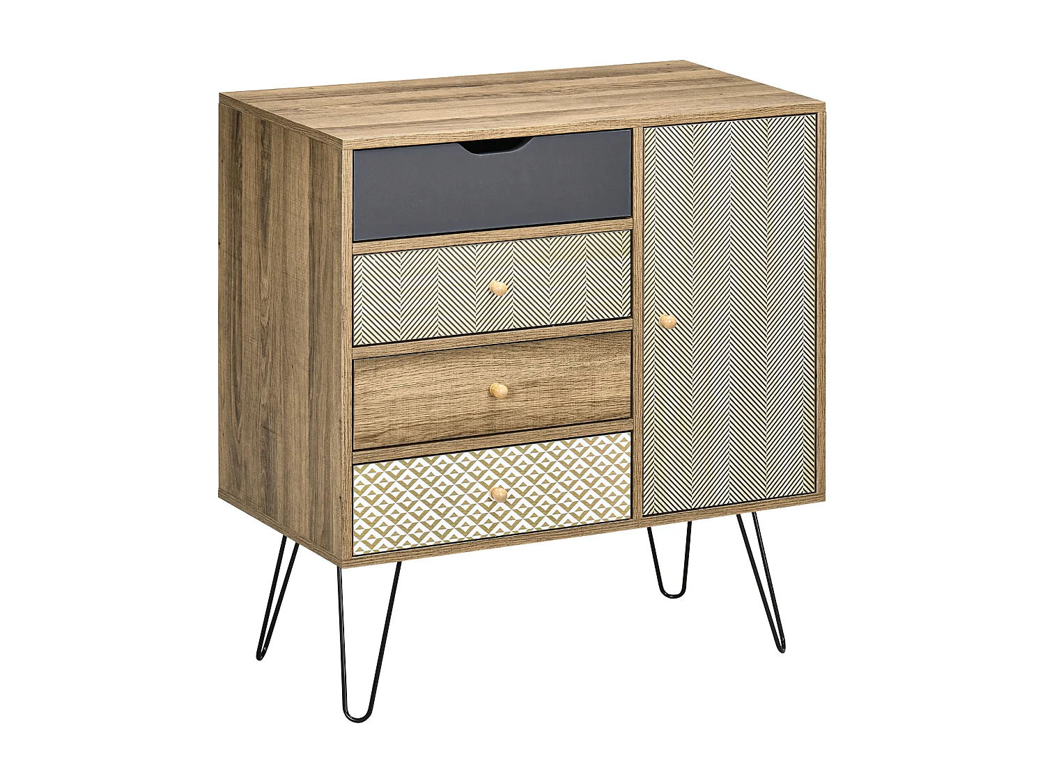 Buffet style industriel motif graphique - porte, étagère, 4 tiroirs - piètement épingle métal noir aspect bois