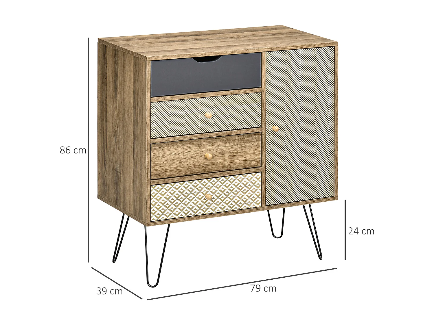 Buffet style industriel motif graphique - porte, étagère, 4 tiroirs - piètement épingle métal noir aspect bois