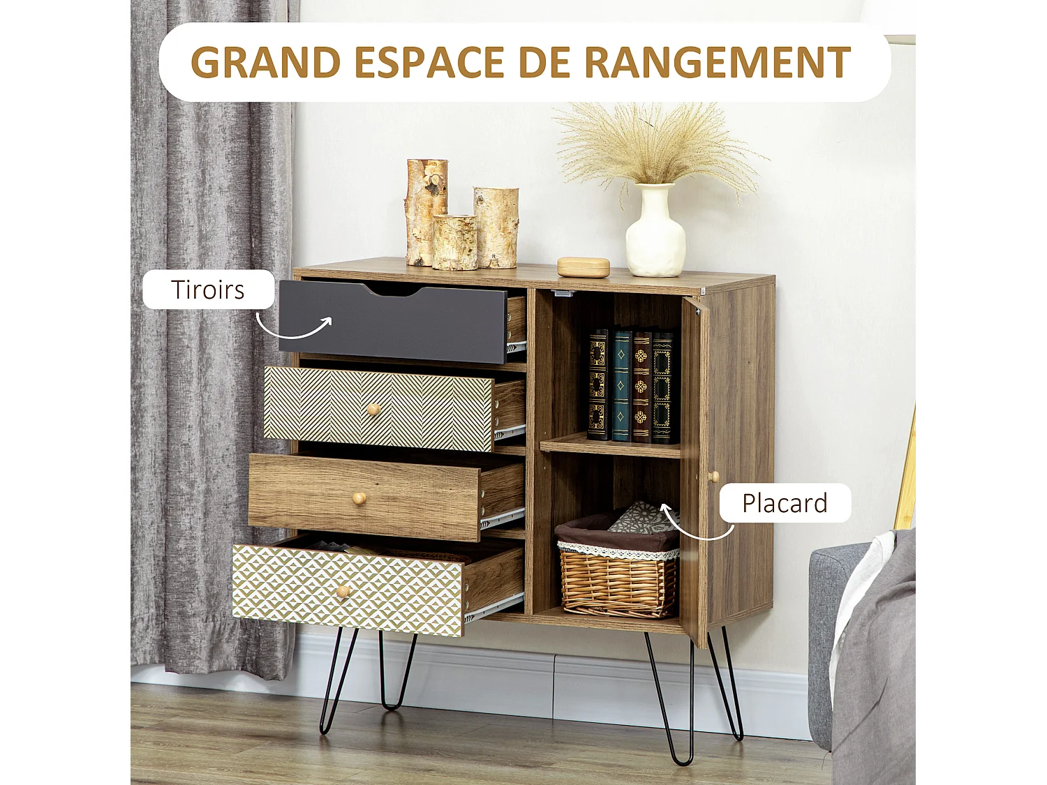 Buffet style industriel motif graphique - porte, étagère, 4 tiroirs - piètement épingle métal noir aspect bois