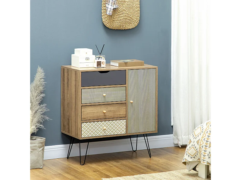 Buffet style industriel motif graphique - porte, étagère, 4 tiroirs - piètement épingle métal noir aspect bois