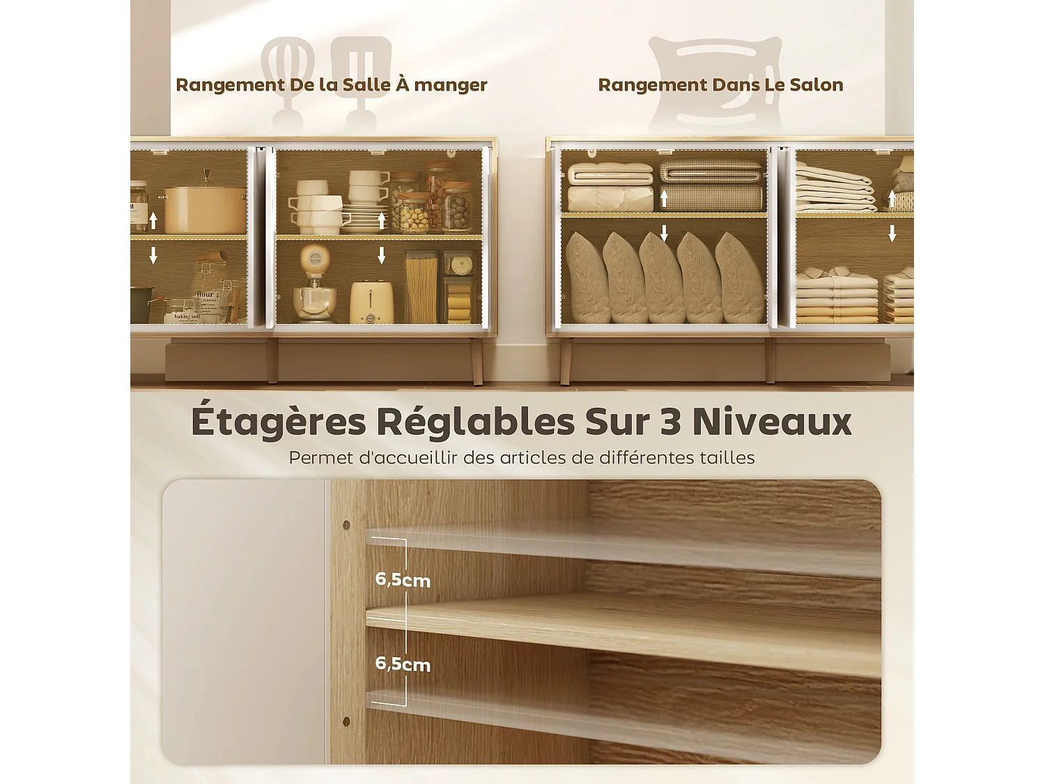 Buffet style nordique 4 portes 2 étagères façade blanc laqué effet bois clair