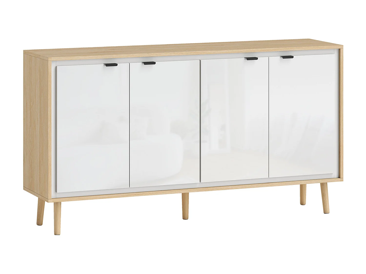 Buffet style nordique 4 portes 2 étagères façade blanc laqué effet bois clair