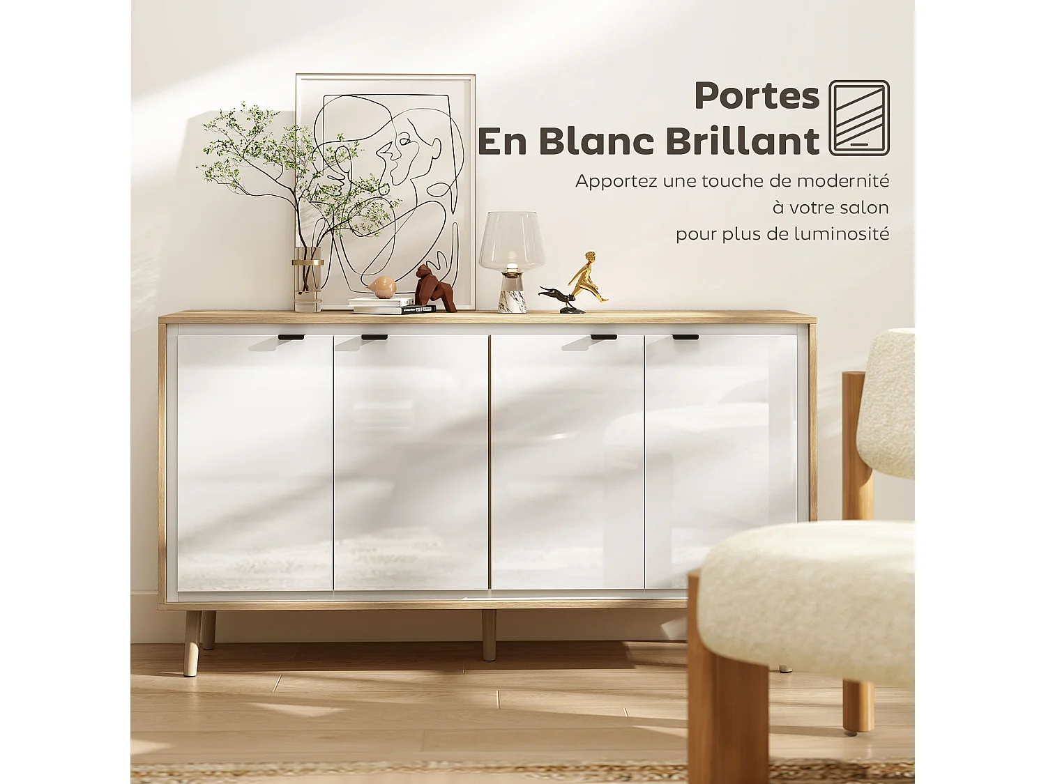 Buffet style nordique 4 portes 2 étagères façade blanc laqué effet bois clair
