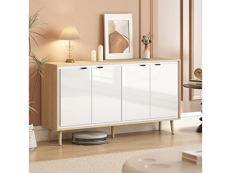 Buffet style nordique 4 portes 2 étagères façade blanc laqué effet bois clair