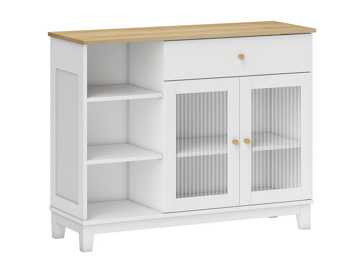 Buffet 2 portes verre effet cannelé étagère tiroir 3 niches dim. 100 x 35 x 80,3 cm blanc effet bois clair