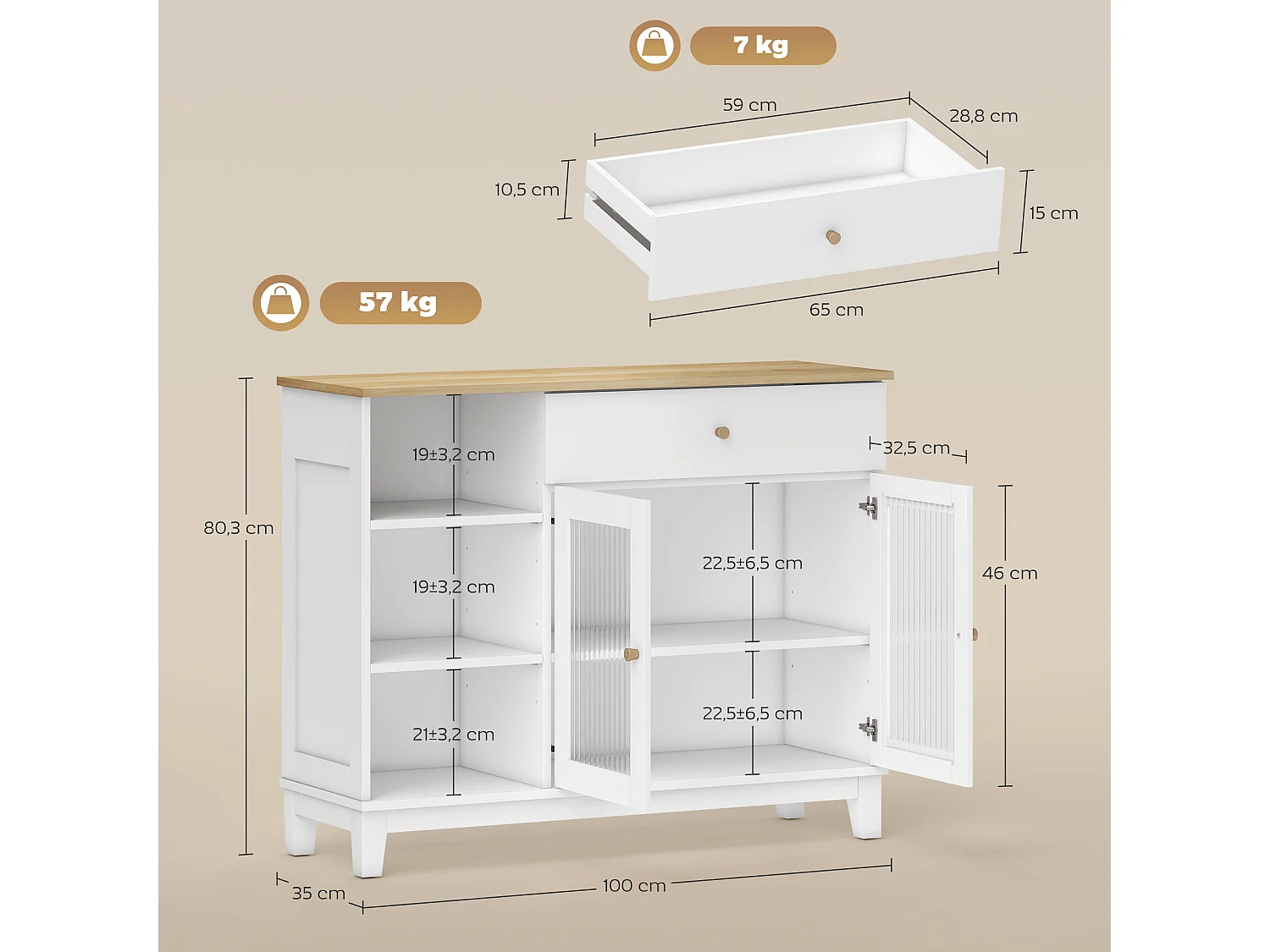 Buffet 2 portes verre effet cannelé étagère tiroir 3 niches dim. 100 x 35 x 80,3 cm blanc effet bois clair