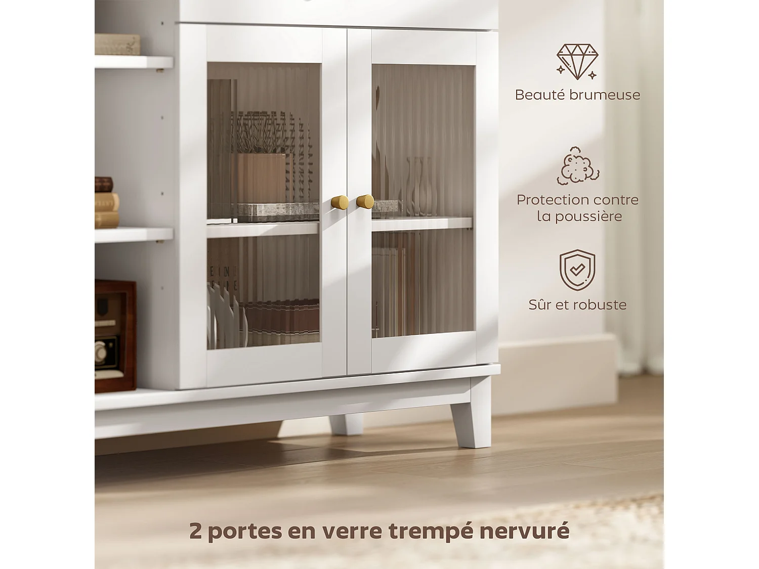 Buffet 2 portes verre effet cannelé étagère tiroir 3 niches dim. 100 x 35 x 80,3 cm blanc effet bois clair
