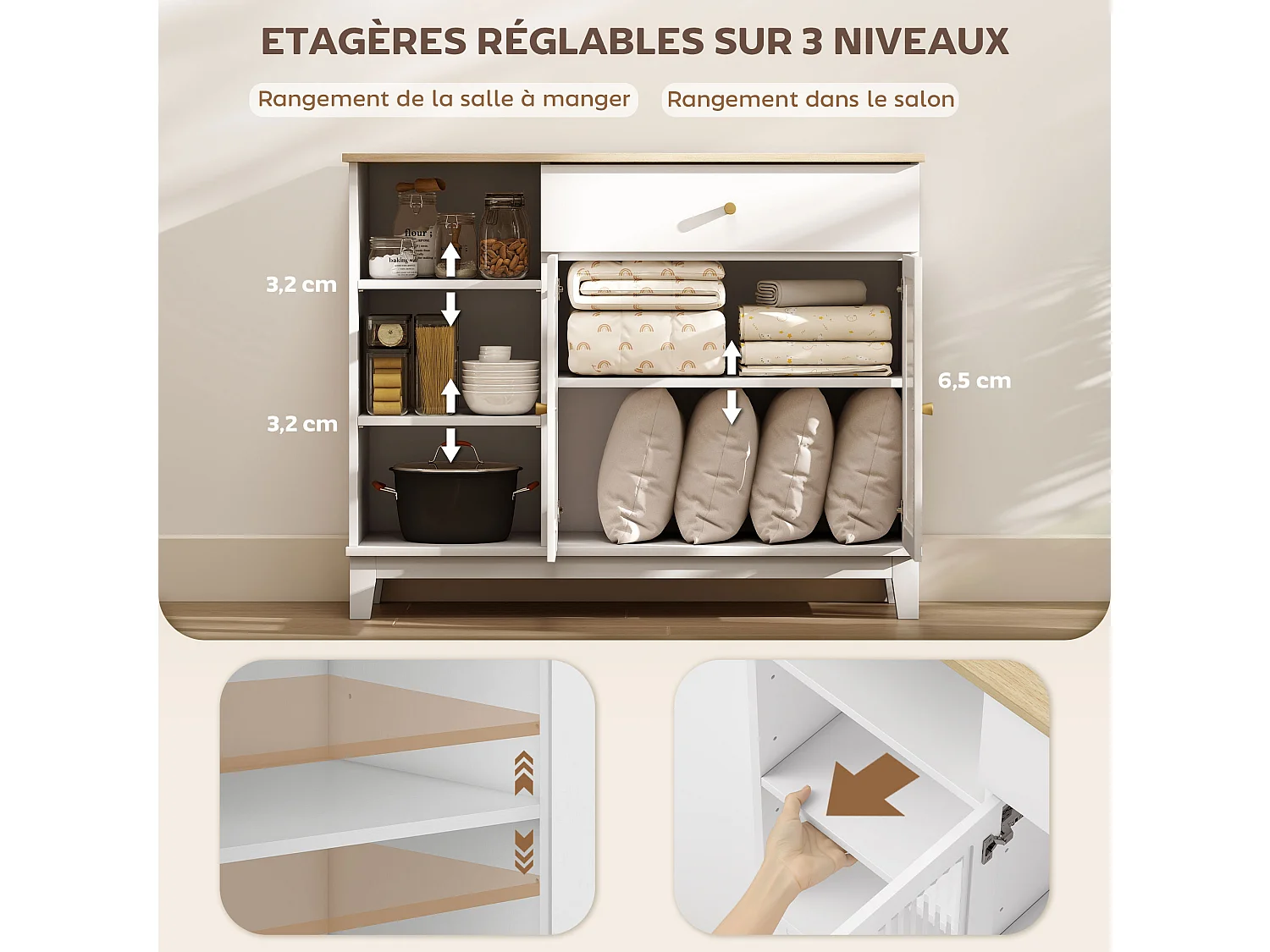 Buffet 2 portes verre effet cannelé étagère tiroir 3 niches dim. 100 x 35 x 80,3 cm blanc effet bois clair