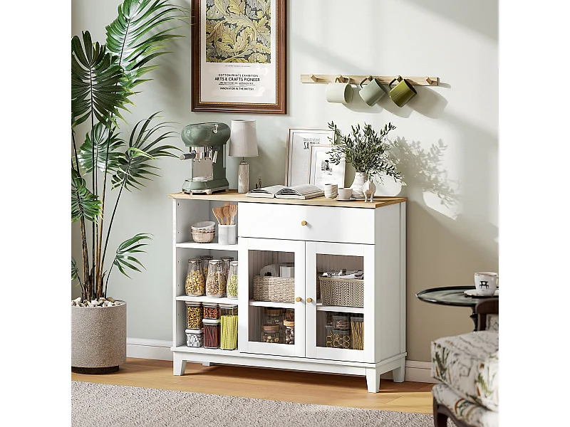 Buffet 2 portes verre effet cannelé étagère tiroir 3 niches dim. 100 x 35 x 80,3 cm blanc effet bois clair