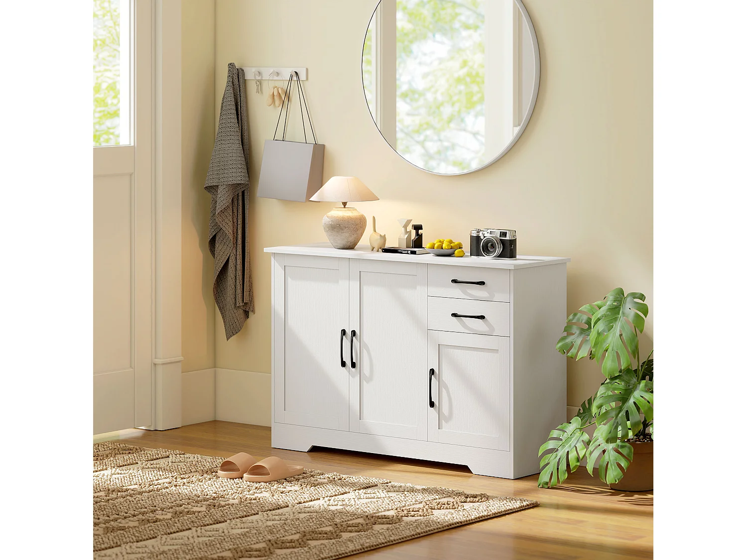 Buffet contemporain 3 portes étagère 2 tiroirs poignées métal noir effet bois blanc