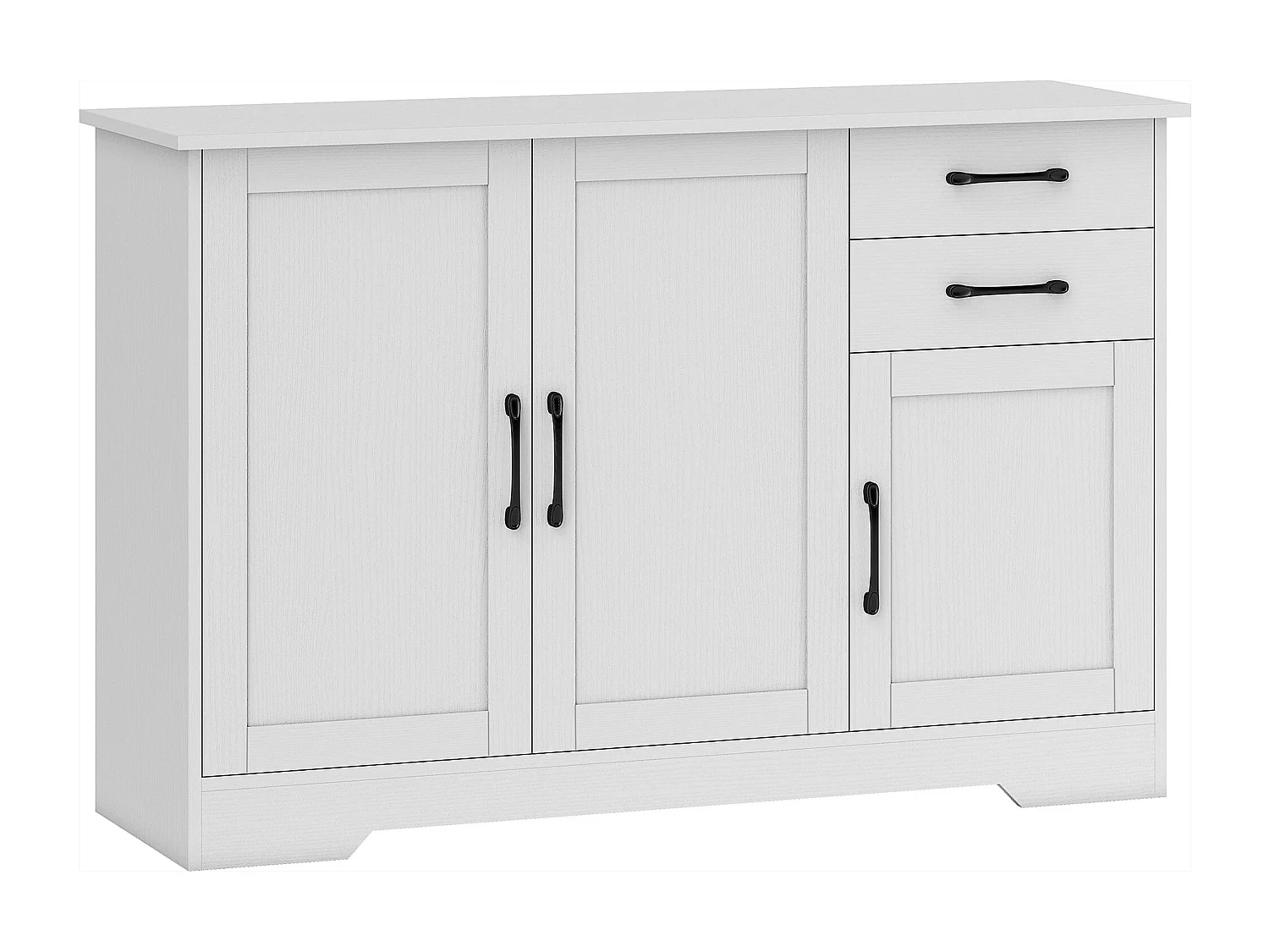 Buffet contemporain 3 portes étagère 2 tiroirs poignées métal noir effet bois blanc